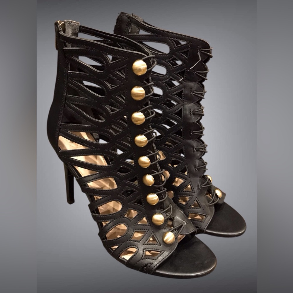 WOMENS Guess Perlina 2 Caged Stiletto Button sandals heels sz 8.5M